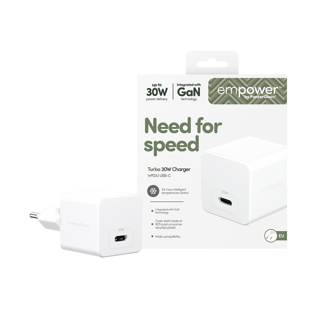 empower by PanzerGlass® Turbo 30W Oplader Single USB-C | EU Stik | Silver White